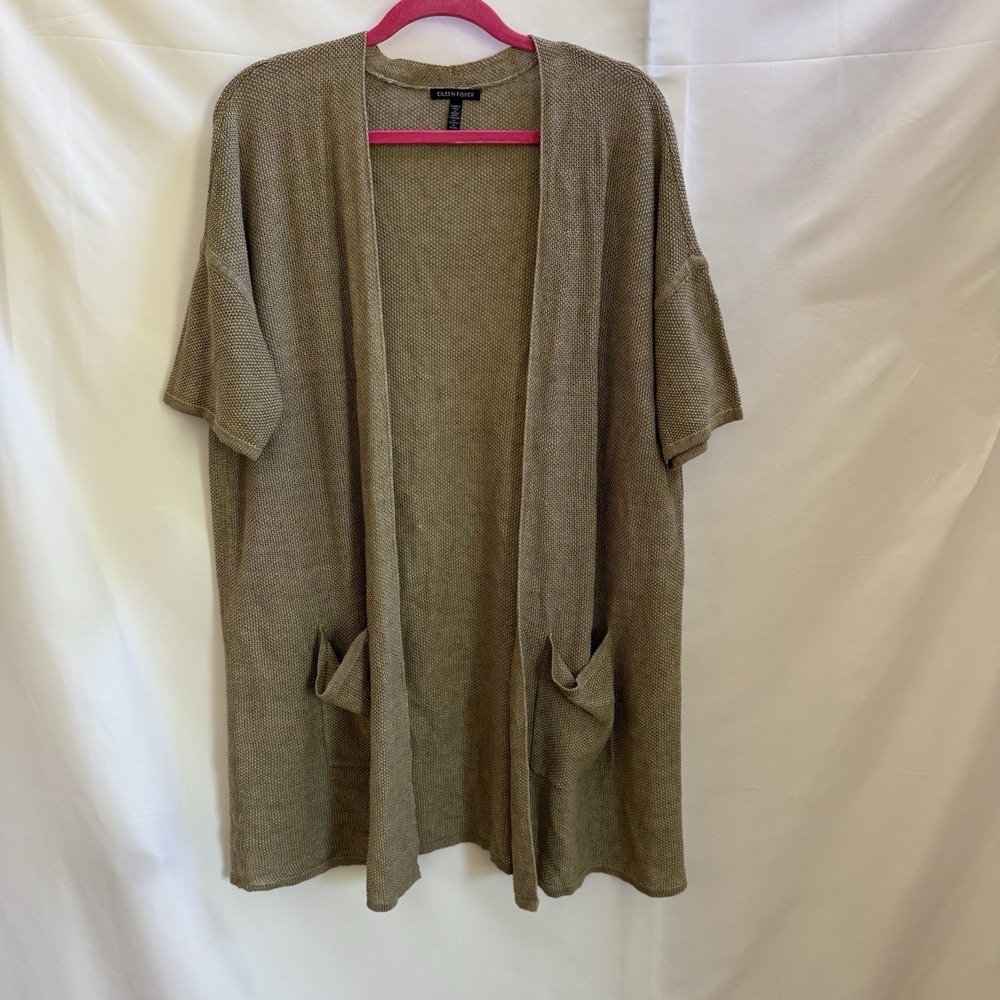 Eileen Fisher Women Cardigan Duster Size M Beige Open Front 100% Organic Linen